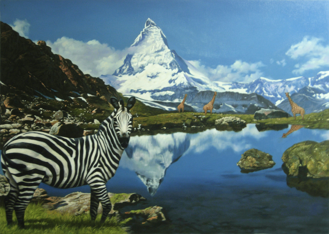 Zebra - Matterhorn National Park. Oil Painting, 2007. Artist Christian Staebler. Giraffes and Zebras are enjoying the fresh air in the alps of Switzerland. It is also an homage to the Matterhorn, a tremendous Swiss mountain that towers to the sky.