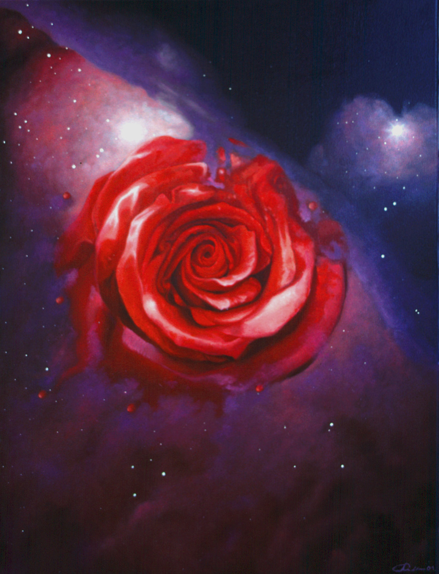 Rose In The Orion - Heart in the Universe. Universe and Orion with its red rose. Oil Painting by Christian Staebler, Founder LoveArtPassion