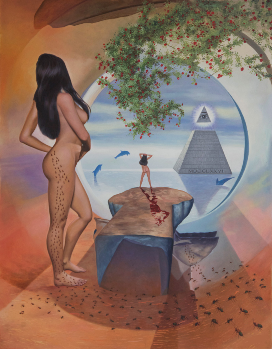 Secrets - Atlantis. Oil Painting by Christian Staebler, Founder LoveArtPassion. Women nudes under the attack of ants. Rose garden and the eye in the Pyramid, the Symbol of Atlantis. The dolphins are playing.