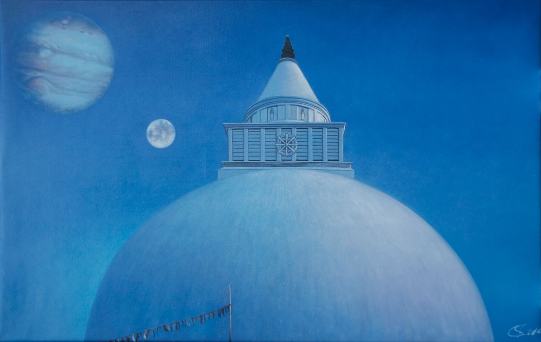 Sky-Dome - Conjunction. Oil Painting 2000. Christian Staebler, LoveArtPassion. Mesmerizing blue sky-dome artwork shows you a Buddhist temple in conjunction with Mercury and Jupiter.