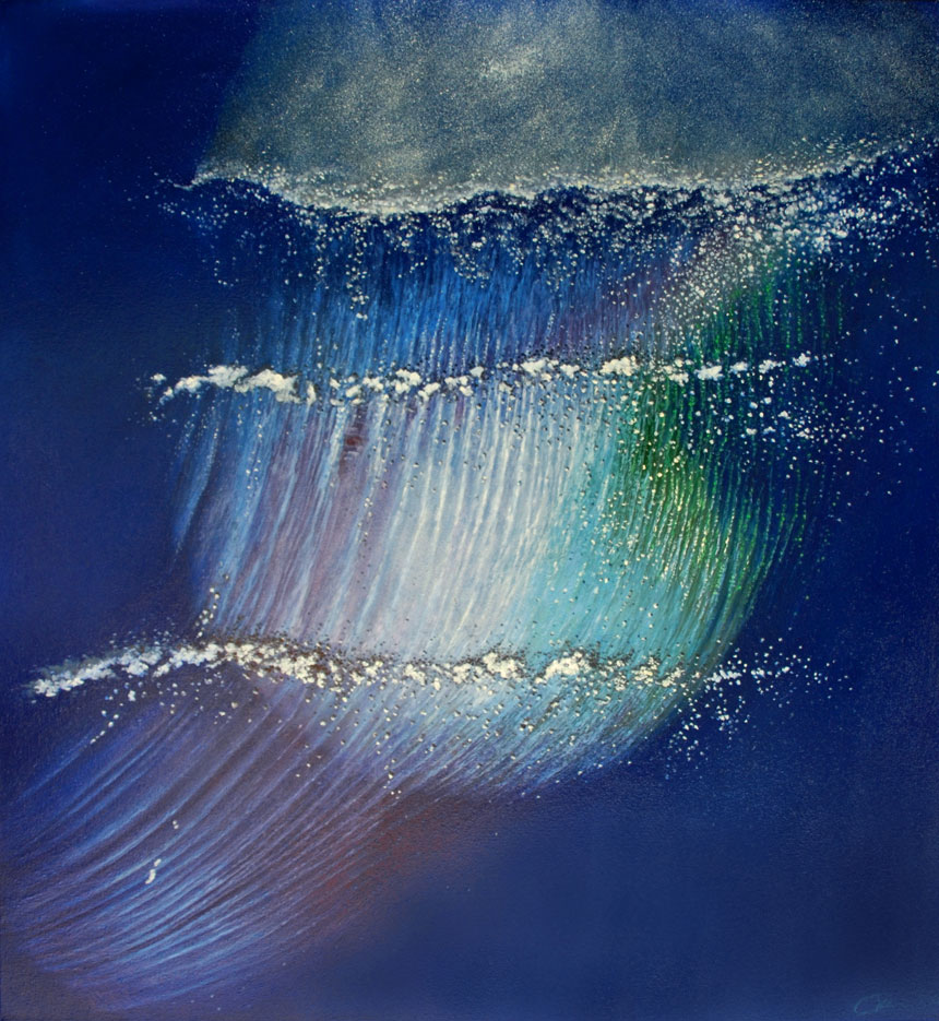 Element Water - Transformation Of Water into Light. Oil Painting, 2007. Artist Christian Staebler. Waves, on the surface of the water, you see rainbow colors. Element water is a very transparent image that radiates the color and nature of waves and light. A painting of nature that reflects the vibration and rays of the sun in the water.
