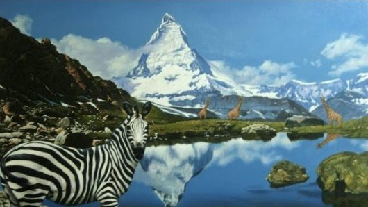Zebra and mountain Matterhorn, Switzerland. Oilpainting, Artist Christian Staebler