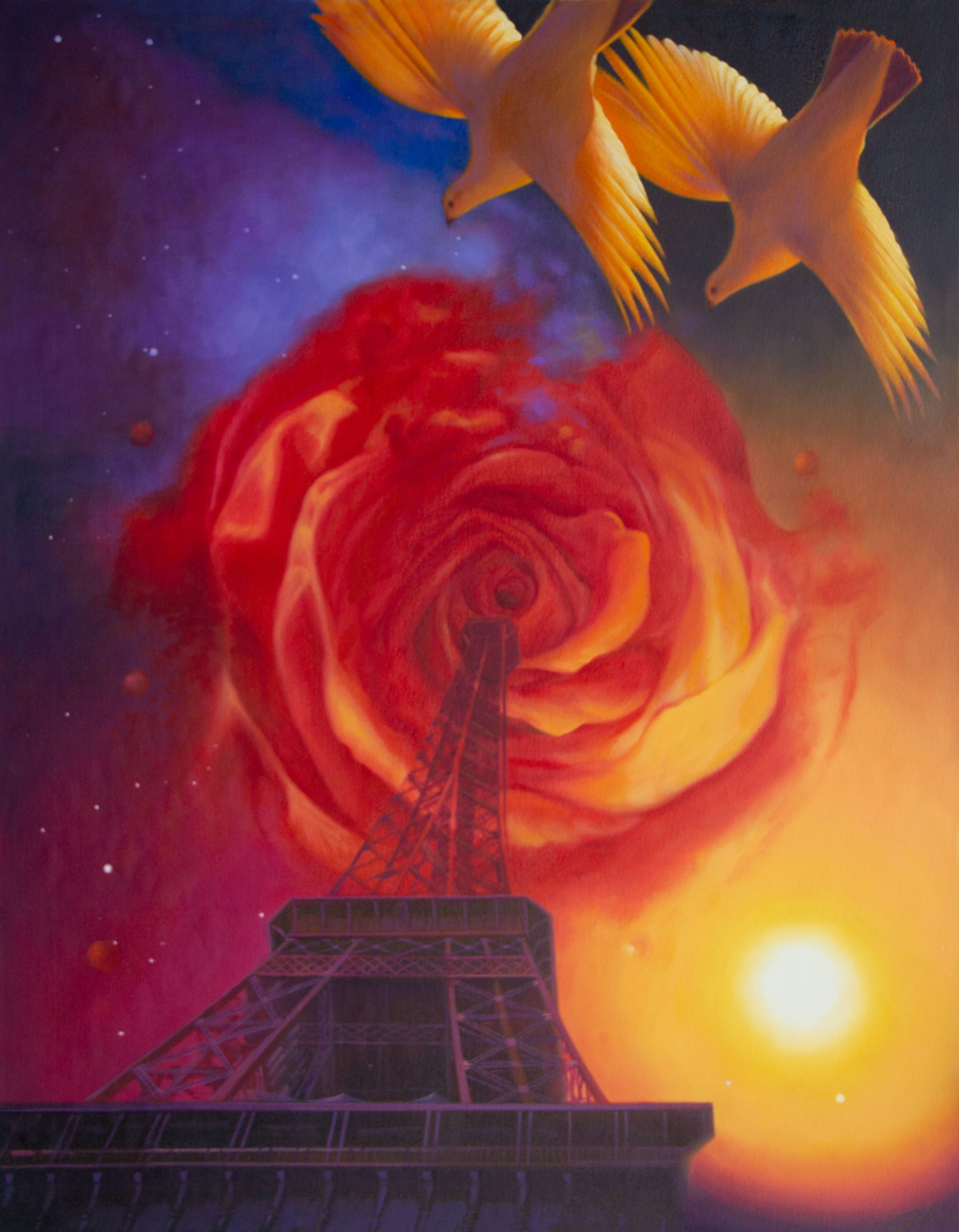 Love Together - Paris. Oil Painting 2018, Christian Staebler. Two pigeons fly to the center of a rose in the universe. Standing as a rocket is the Eifel tower.
