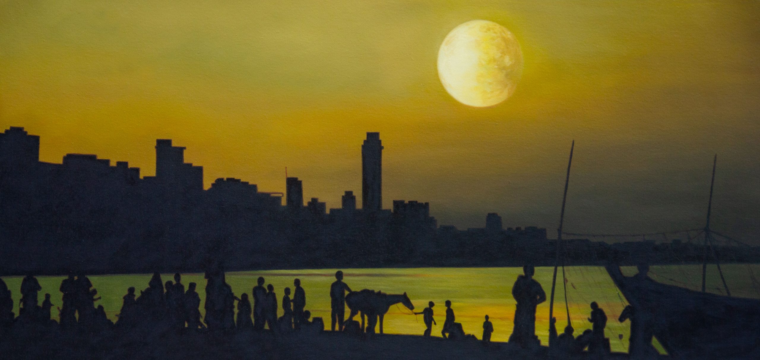 Meetings - Chapati Beach. Oil Painting 2019, Christian Staebler, LoveArtPassion. Chapati Beach Mumbai, India. Shadow silhouettes of people, animals, and skyscrapers.
