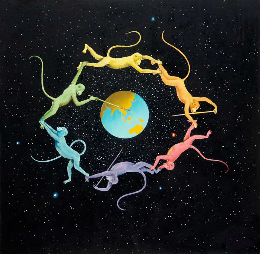 creation of the world, logo of LoveArtPassion, oil painting, artist Christian Staebler, the colored monkey, world