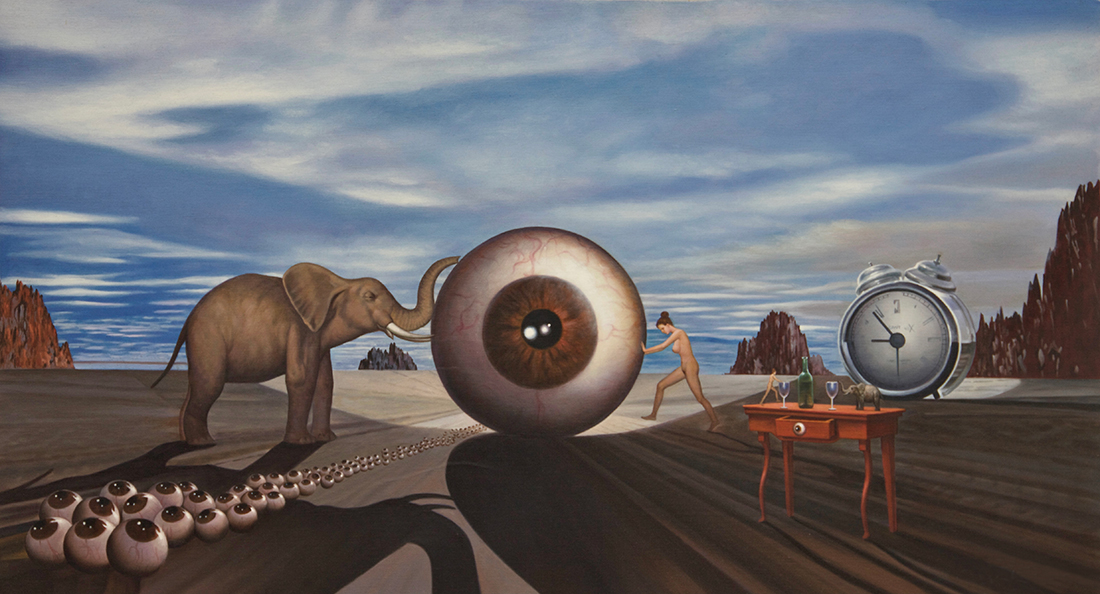 This oil painting shows you an eye with its offspring. The small children's eyes are pressed out of the mother's eye. An elephant and a woman are taking part in this squeezing process. There is a gaming table and clock, which will ring once the contest is over.
